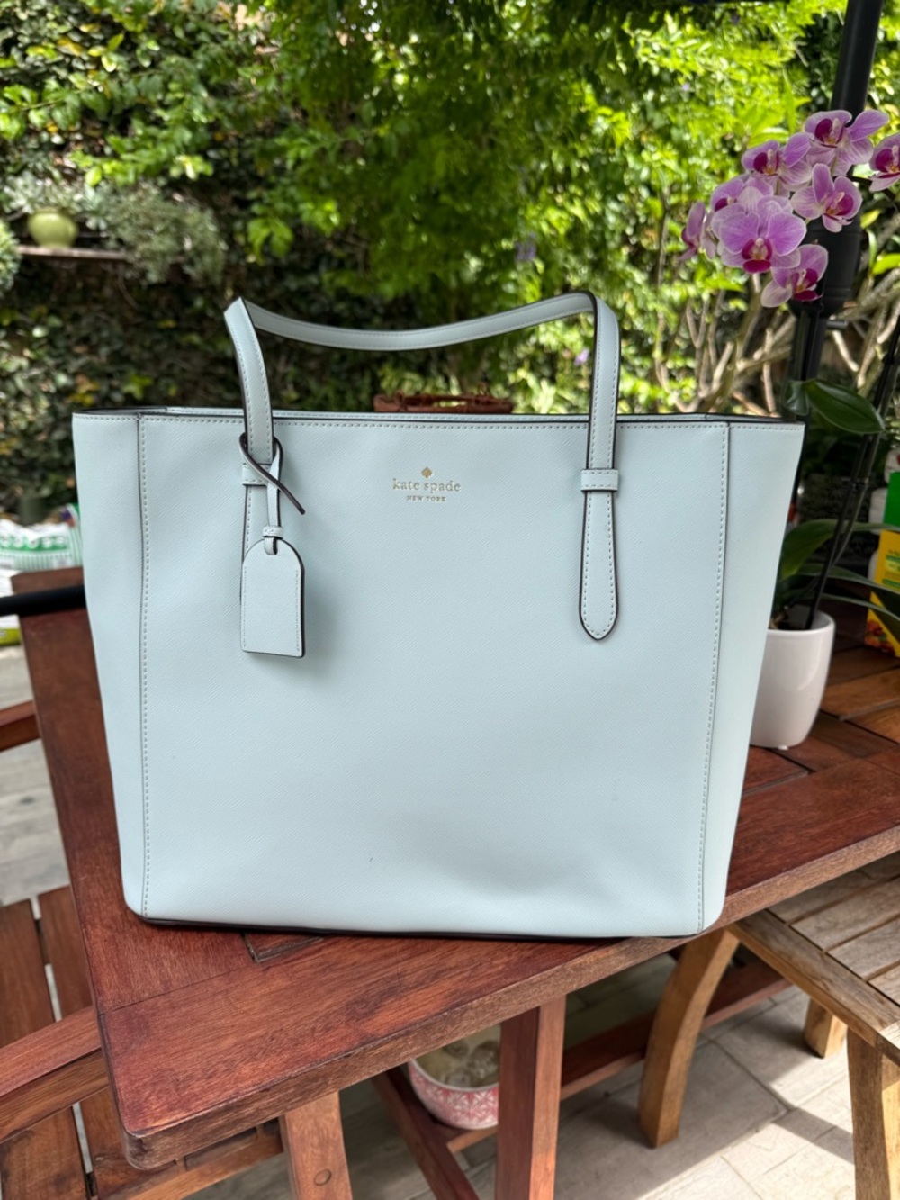 kate spade light blue leather tote with luggage tag